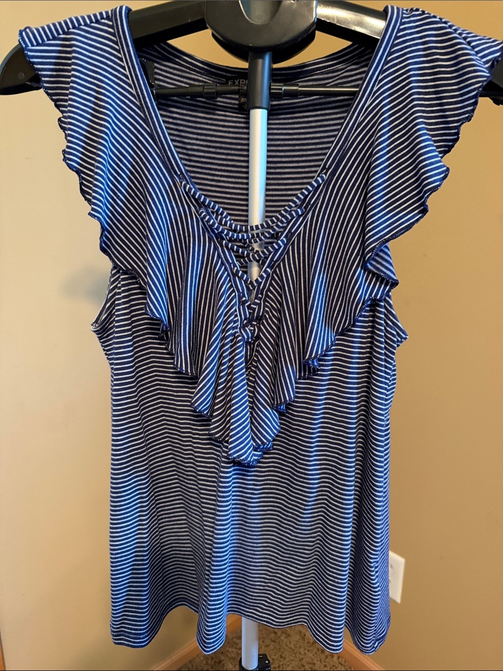 Express Blue Stripe Ruffle V-Neck Women's Top